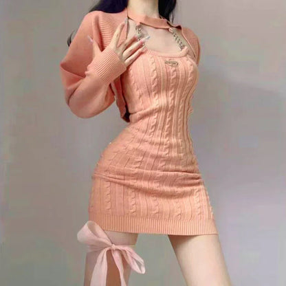 Knitted Twopiece Set Halter Neck Dress Loose Coat New Hot Girl Suspender Short Skirt Korea Japan Style Vestidos