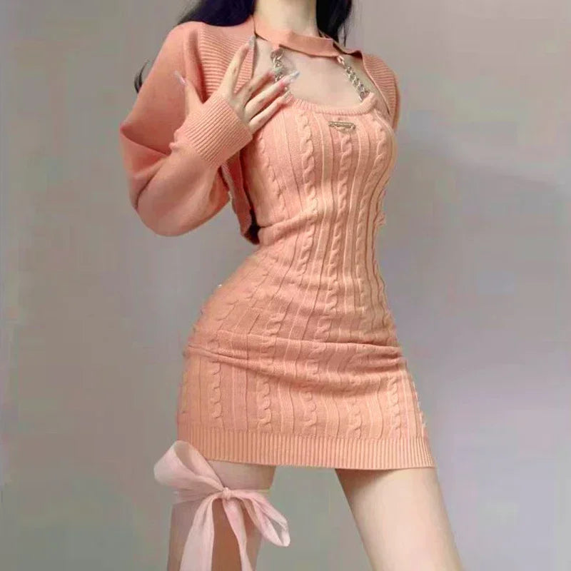 Knitted Twopiece Set Halter Neck Dress Loose Coat New Hot Girl Suspender Short Skirt Korea Japan Style Vestidos