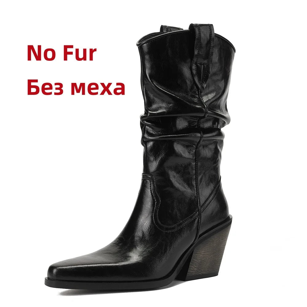 New High Heel Leather Shoes Knight Boot Western Cowboy Boots Pointed Toe Thick Soled Short Boot