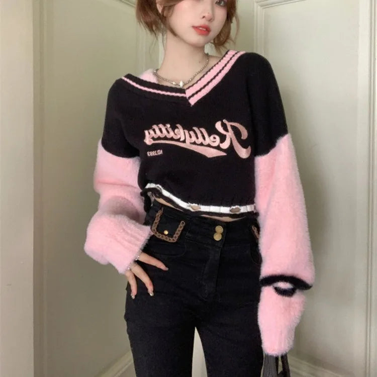 Korean Sweet Vneck Off Shoulder Pullovers Autumn New Embroidery Lazy Tops Y2k Egirl Long Sleeve Sweaters Mujer