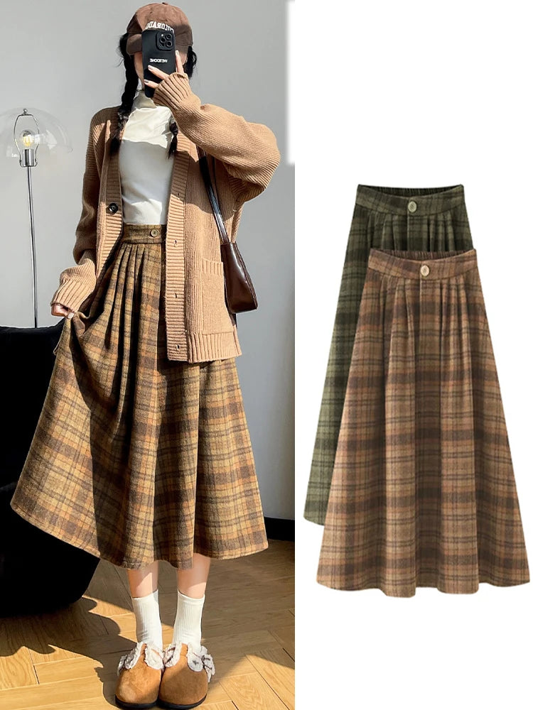 Autumn Winterthicken Warm Pockets Plaid Woolen Skirts for Female Loose High Waist Midi Skirt