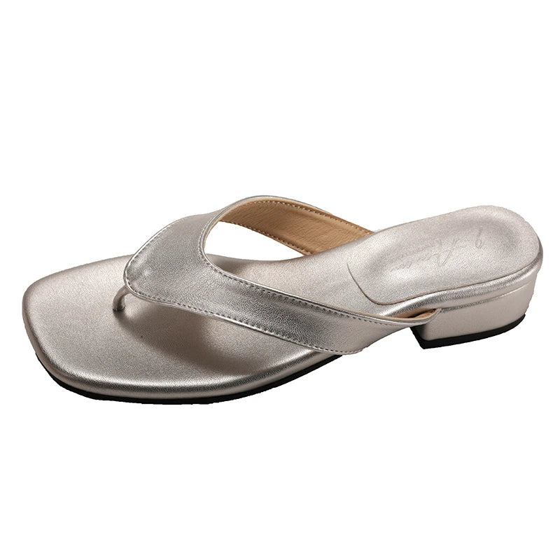 Summer Thin Low Heels Slippers Round Clip Toe Beach Sandals Flip Flops Shoes Zapatos De Mujer