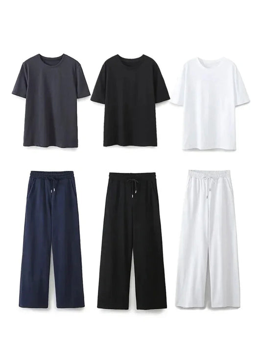 Summer Basic Round Neck Cotton Tshirt Set Short Sleeves Top Female Loose Laceup Straight Leg Pants