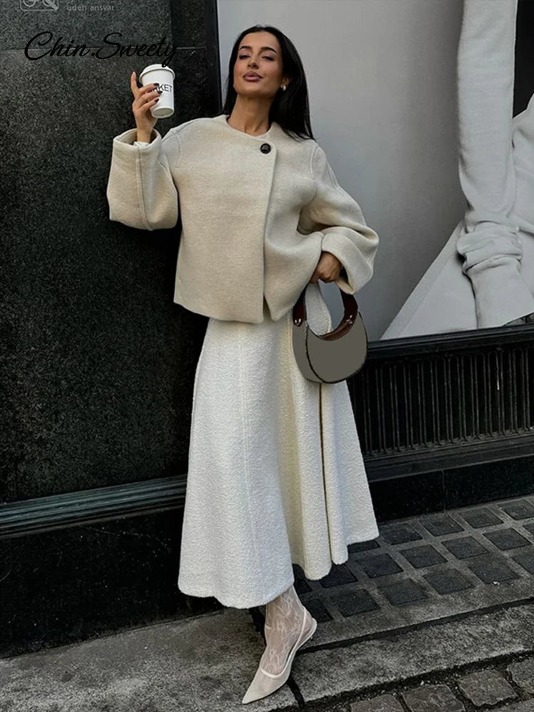 Woolen Blend Jacket for Button O-neck Long Sleeve Coat New Autumn Winter Commute Warm Outwear