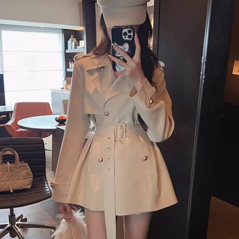 Lapel Blazer Coats Autumn New Double Breasted British Style Jacket With Belt Korean Outerwear