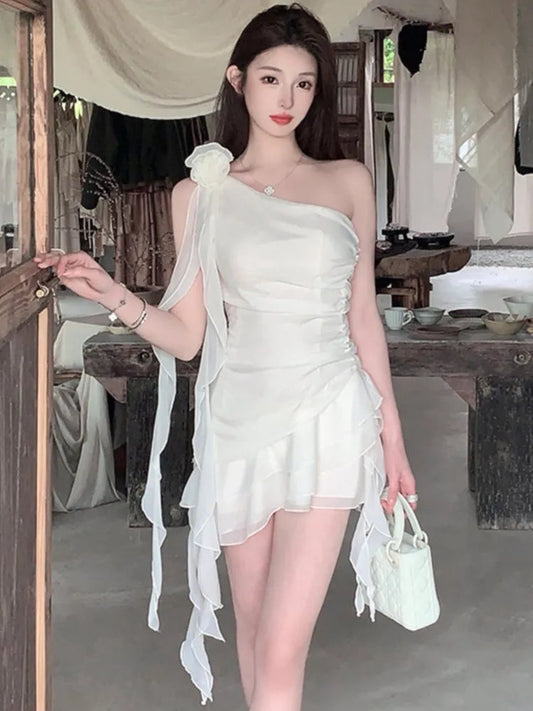 Y2k Sweet Fairy Dresses White Diagonal Collar Ruffle Birthday Party Mini Dress Slim Waist Short Vestidos