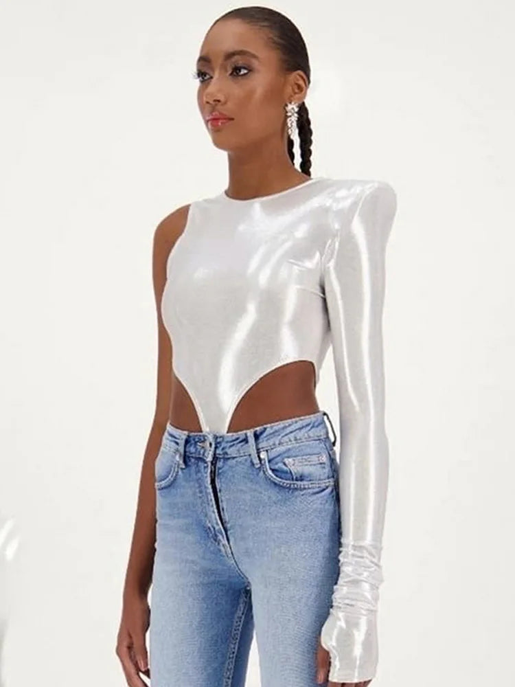 Shoulder Pads Metallic Asymmetrical Bodysuit Playsuit Soild Splicing Lady Jumpsuit Slim Fit O-neck Tops