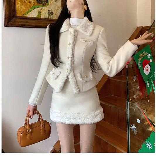 Sweet Hot Girl Maillard Style Suit Autumn/winter Woolen Patchwork Slim Coat Highwaisted Skirt Twopiece Set