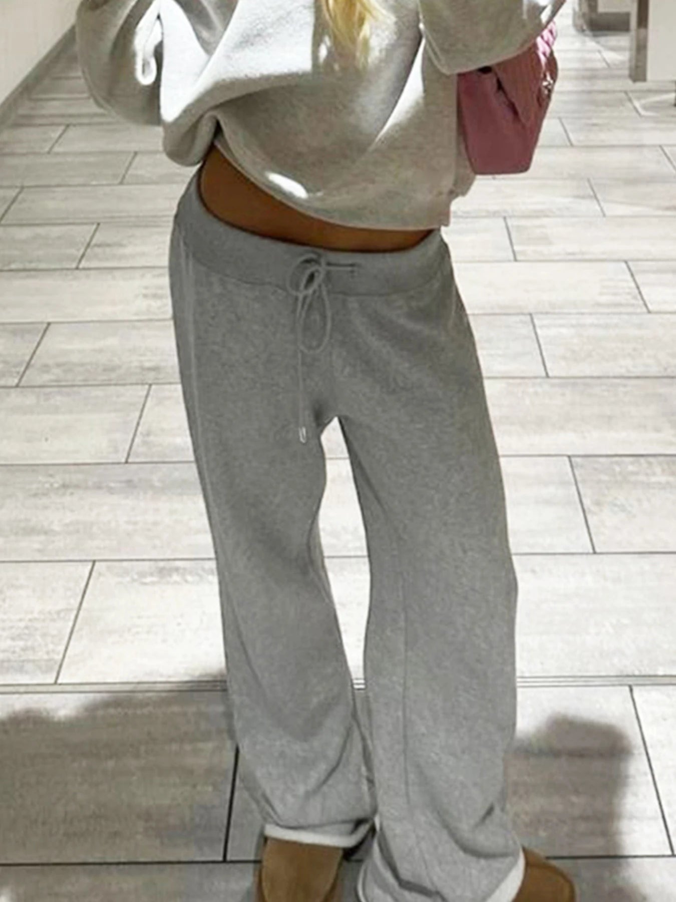 Pockets Drawstring High Waist Loose Sweatpants for Gray Basic Simple Straight Leg Pants Jogging Trousers