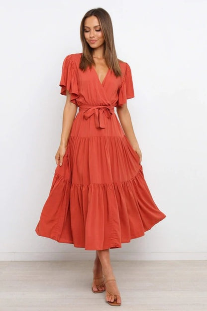 Color Ruffles Long Dresses V-neck Ruffle Sleeves Leace-up Temperament Lady Dress Summer New