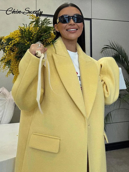 Woolen Long Coat Autumn Full Sleeve Button Fake Pocket Split Yellow Overcoat Oversize New in Outwear