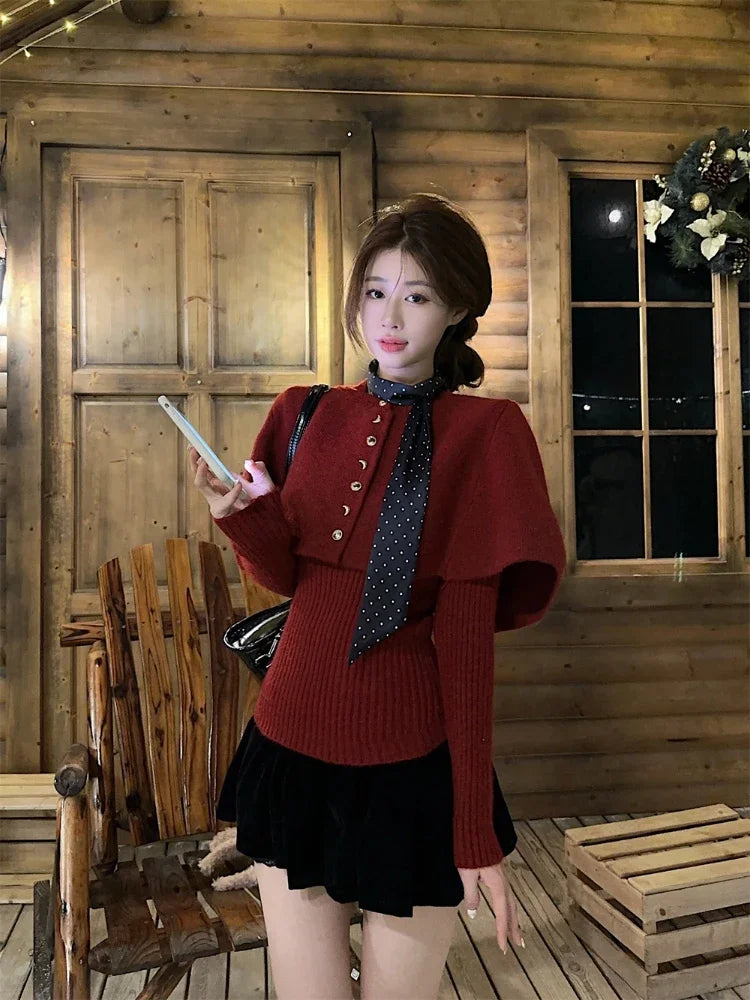 Red Poncho Sweater Ribbed Knitwear Twopiece Set Pullover Korean Cutecore Long Sleeve Christmas Clothes