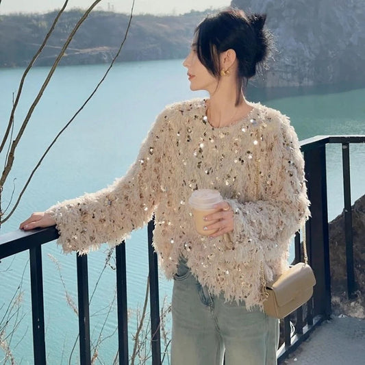 Korean Sequin Tassel Sweaters Mujer Autumn New Oneck Plush Knitted Pullover Y2k Egirl Long Sleeve Tops