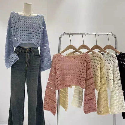 Hollow Out T-shirt Knit Sweater Loose Y2k T-shirt Crewneck Thin Sweater Autumn Pullovers