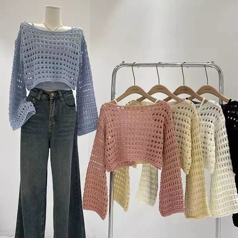 Hollow Out T-shirt Knit Sweater Loose Y2k T-shirt Crewneck Thin Sweater Autumn Pullovers