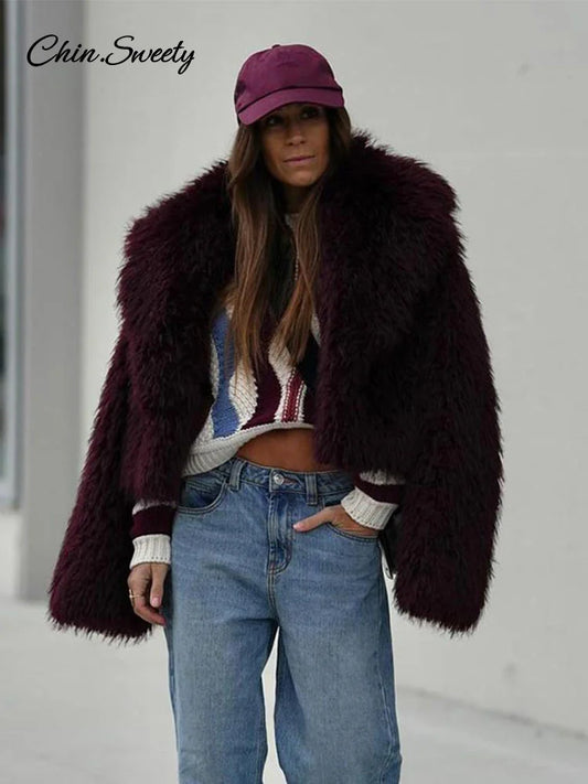 Faux Fur Coat Fluffy Lapel Loose Long Sleeve Burgundy Red Cropped Jacket Female Winter High Street Outwear