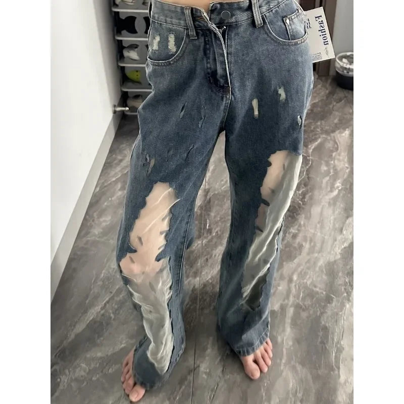 High Street Hollow Mesh Patchwork Jeans Summer New High Waist Distressed Washed Denim Wide Leg Pants