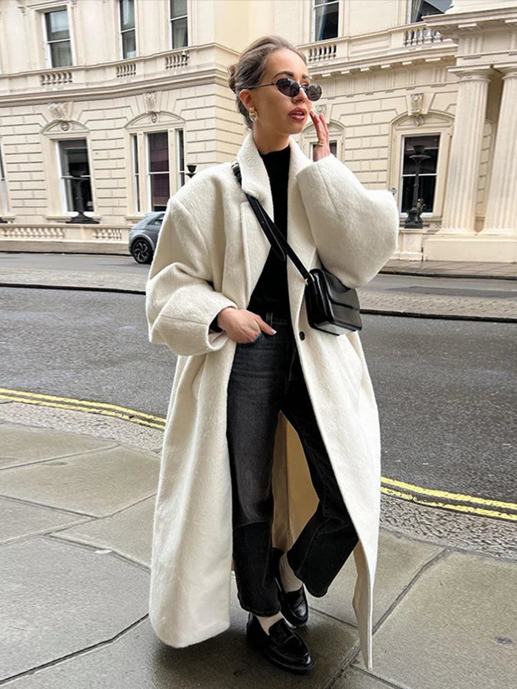 Gray Striped Long Coats Woolen Lapel Long Sleeve Back Split Loose Jackets Autumn Street Outwears