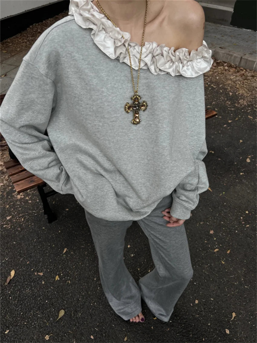 Grey Sweet Florals Sweatshirts Loose Spring Mujer Skew Collar New Daily All Match