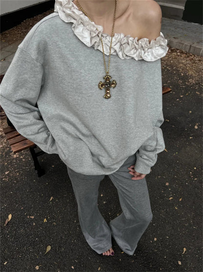 Grey Sweet Florals Sweatshirts Loose Spring Mujer Skew Collar New Daily All Match