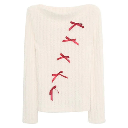 Strapless Slim Long Sleeve Sweater Autumn New Korean Contrast Color Bow Patchwork Knitted Tops