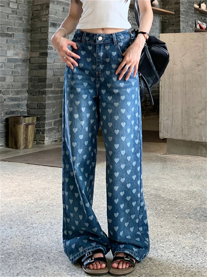 Loose Jeans Hearts Summer Pants Summer Denim High Waist Slim New Wide Leg All Match