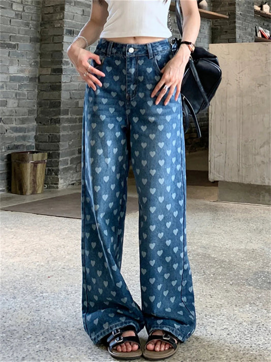 Loose Jeans Hearts Summer Pants Summer Denim High Waist Slim New Wide Leg All Match