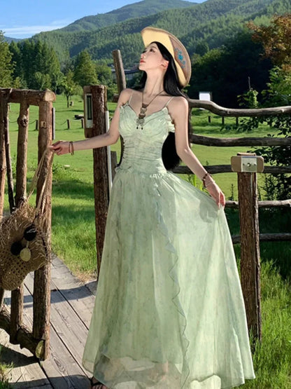 Green Ruffles Sleeveless Bodycon Vneck Summer Holiday Vacation Long Dresses Printed Party Dress Vestidos