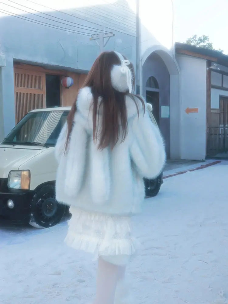Sweet Girl Gradual Color Faux Fur Coat Winter Hooded Rabbit Ear Loose Fit Longsleeved Jacket Female Clothes