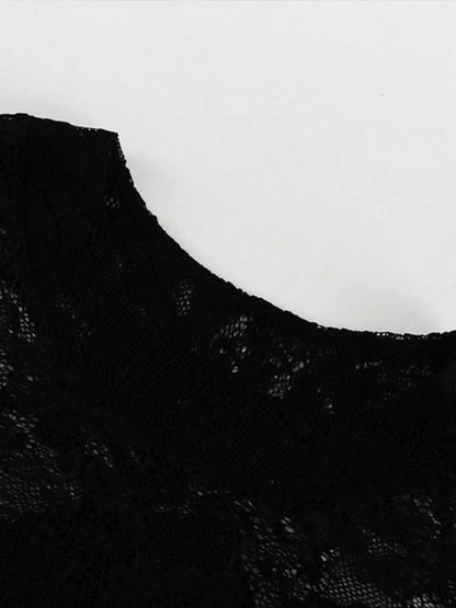 Lace Hollow Out A-lined Long Dresses Loose Perspective O-neck Black Dress Female Party Street