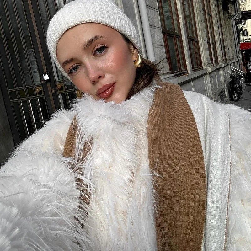 Winter Fluffy Faux Fur Coat Brand Tassels Furry Turkey Fur Jacket Loose Overcoat Outerwear