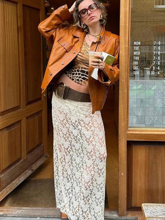 Single Breasted Leather Jacket Lapel Neck Long Sleeved Coats Autumn Ins Lady High Street Outerwear