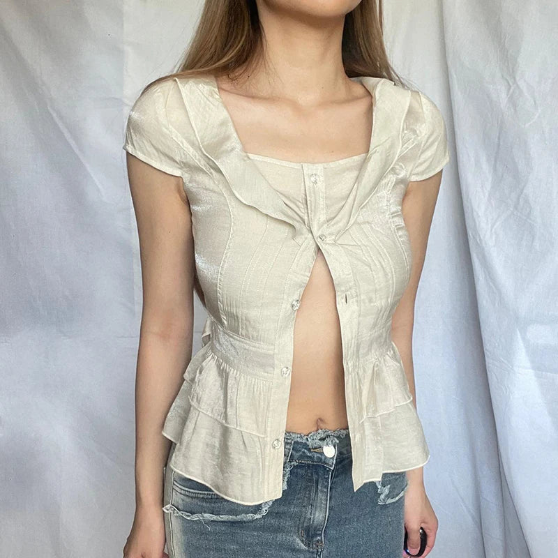 Peter Pan Collar Tiered Aline Blouse Sweet Slimming Back Tieup Bow Shirts Short Sleeve Top Summer