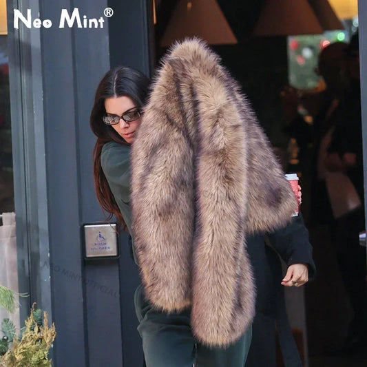 Brand Icon Kendall Jenner Brown Gradient Faux Fur Jacket Winter New Cropped Fox Fur Coat