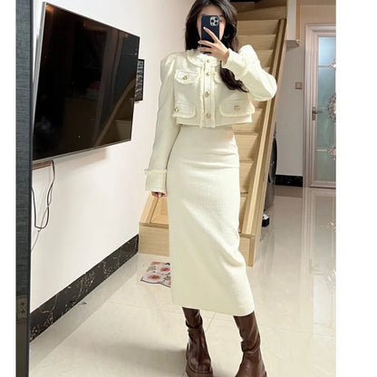 Korean Two-piece Skirt Sets Crop Jacket Coat Bodycon Midi Skirt Autumn Winter New Female Outfits