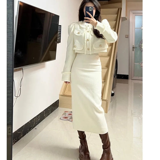Korean Two-piece Skirt Sets Crop Jacket Coat Bodycon Midi Skirt Autumn Winter New Female Outfits