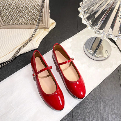 Shiny Pu Leaather Flats Mary Janes Shoes Red Basic Pointed Toe Loafers Spring Autumn Daily Black Shoes New