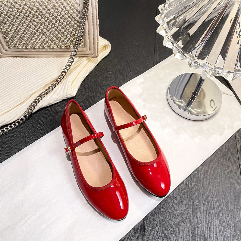 Shiny Pu Leaather Flats Mary Janes Shoes Red Basic Pointed Toe Loafers Spring Autumn Daily Black Shoes New