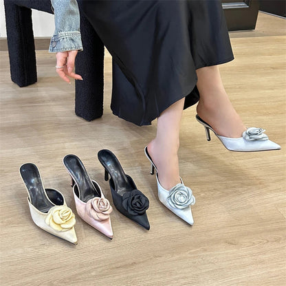 Designer Flower Pointed Toe Pumps Shallow Thin High Heels Shoes Slide Mule Slippers