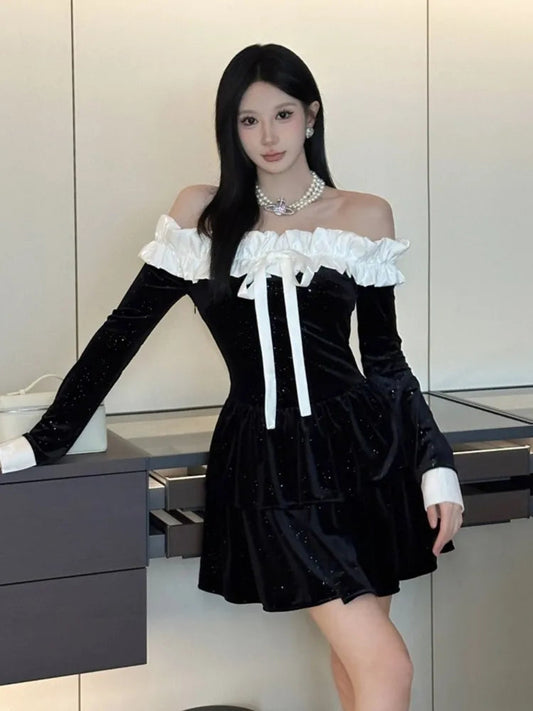 Velvet Dresses Off Shoulder Slash Neck Princess Birthday Party Mini Dress Spaghetti Strap Short Vestidos New