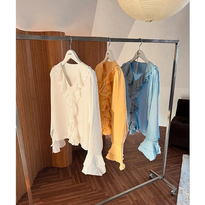 Vneck Ruffled Flared Sleeve Shirt Spring Retro and Stylish Loose Niche Versatile Blouse Top