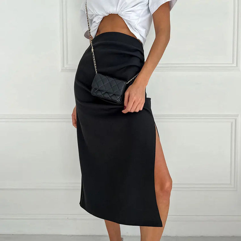 Pink Summer Long Skirt for Y2k Outfits Side Split Pleated High Waist Skirt Maxi Skirt