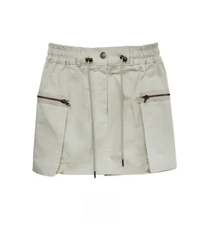 Summer Korean Retro High Street Side Pocket Zipper Drawstring Low Waist Mini Skirt Skirt
