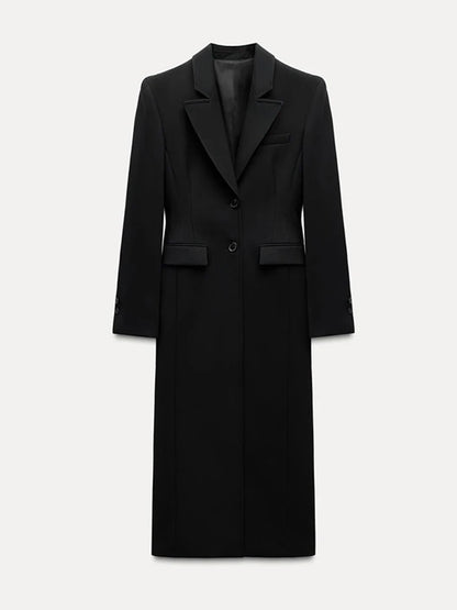 Lapel Black Long Overcoat Slim High Waist Full Sleeve Single Breasted Shoulder Pad Coat New Spring Commute Outwear