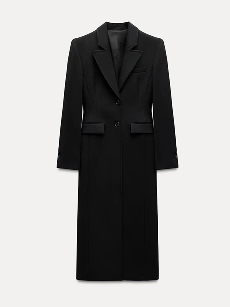 Lapel Black Long Overcoat Slim High Waist Full Sleeve Single Breasted Shoulder Pad Coat New Spring Commute Outwear