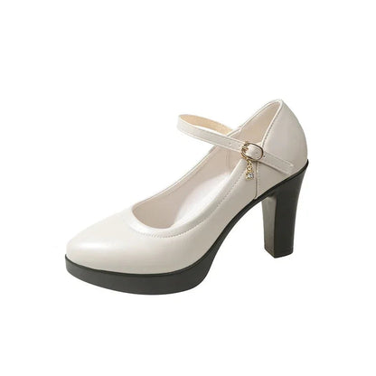 Ankle Strap Thick Heels Pumps for Pu Leather Office High Heeled Shoes Woman's Platform Mary Jane Shoes