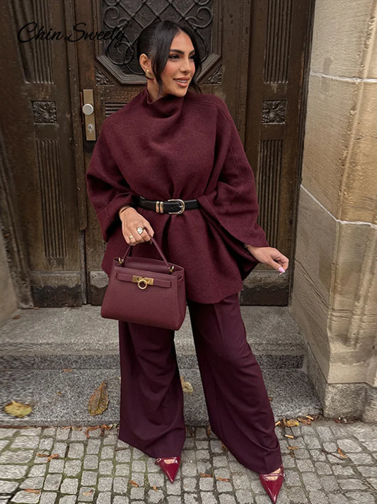 Loose Burgundy Cloak Cape Sweater Knit Turtleneck Loose Raglan Sleeve Pullovers Female Autumn Lady Asymmetric Outwear