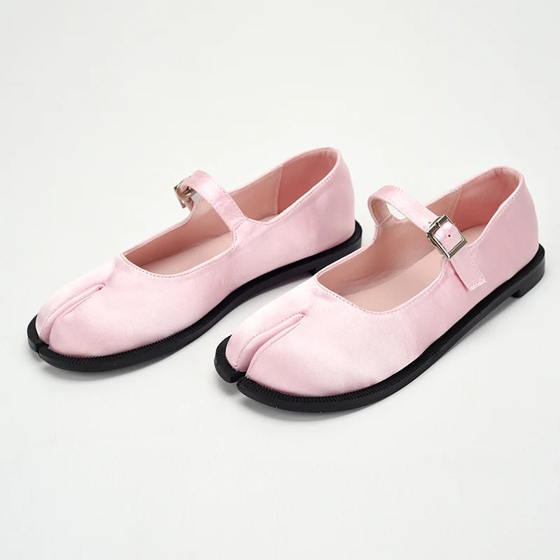 New Sweet Tabi Shoes Loafer for Split Toe Thick Sole Silk Pink Mary Jane Shoes 41