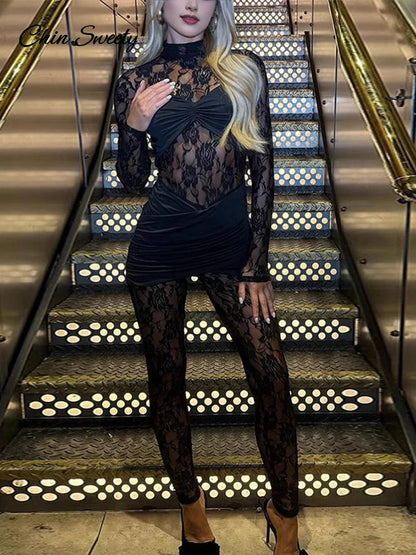 Lace Long Sleeve One Pieces Jumpsuit Mock Neck Bodycon Romper Female Spring New See Through Club Party Overalls