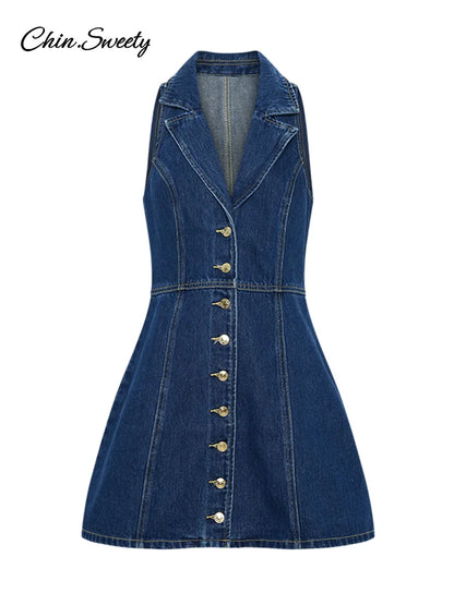 Denim A-line Mini Dress Deep V-neck Sleeveless Single Breasted High Waist Short Dresses Summer Slim